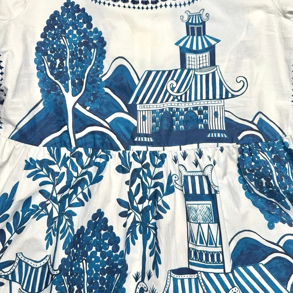 FARM Rio | Women | Ancient Garden Blue White Cotton Poplin Midi Dress | Size XS